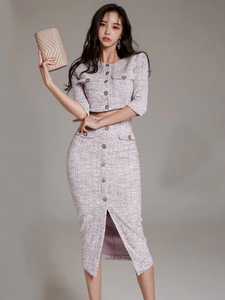 High Quality Tweed Two Piece Set Women Korean Fashion Half Sleeve Short Jacket Coat Crop Top + Skirt Sets Office Lady Outfits