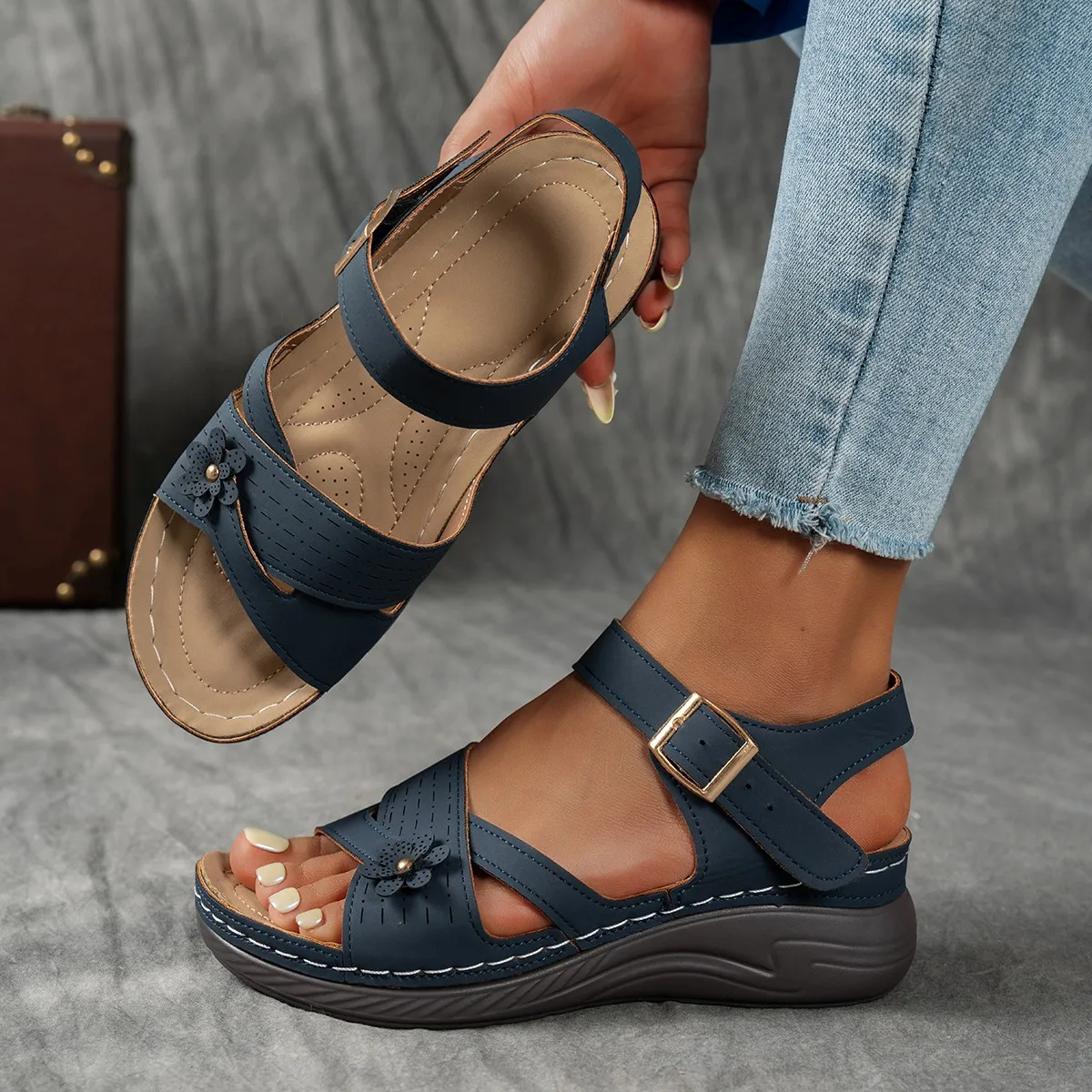 Retro Flower Plarform Sandals Women Plus Size Ankle Buckle Wedge Sandles Woman Comfort Non Slip Orthopedic Sandalias Mujer