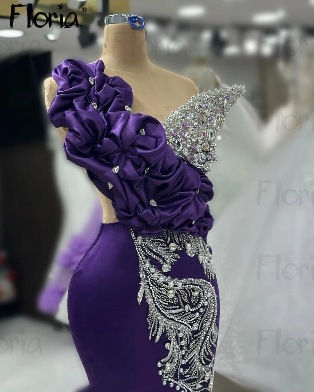 Haute Couture abito da sera formale viola fiori 3D cristalli d'argento Dubai donne matrimonio ospite Prom Gonws abiti da Cocktail Party