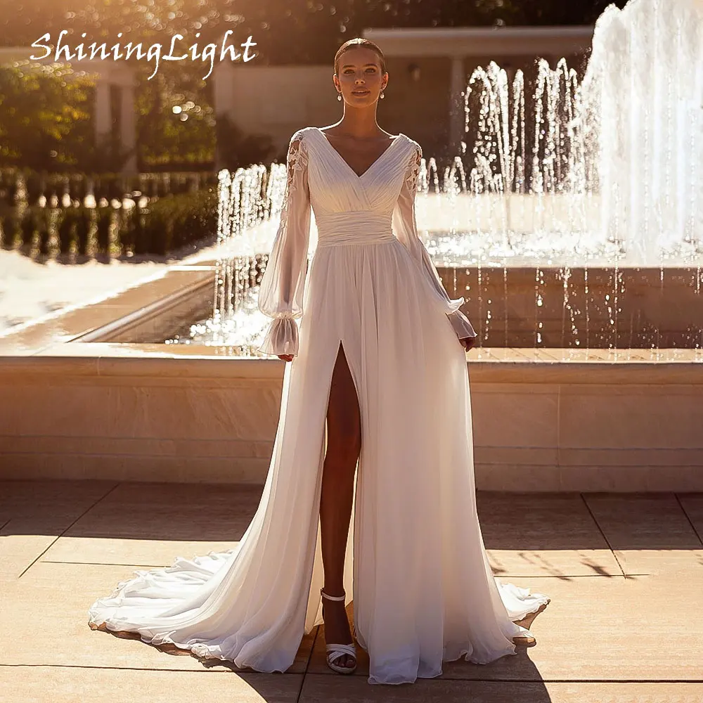 

ShiningLight Long Sleeves Beach Wedding Dress for Bride V Neck Applique Pleat Chiffon A Line Bridal Gowns High Slit Customized