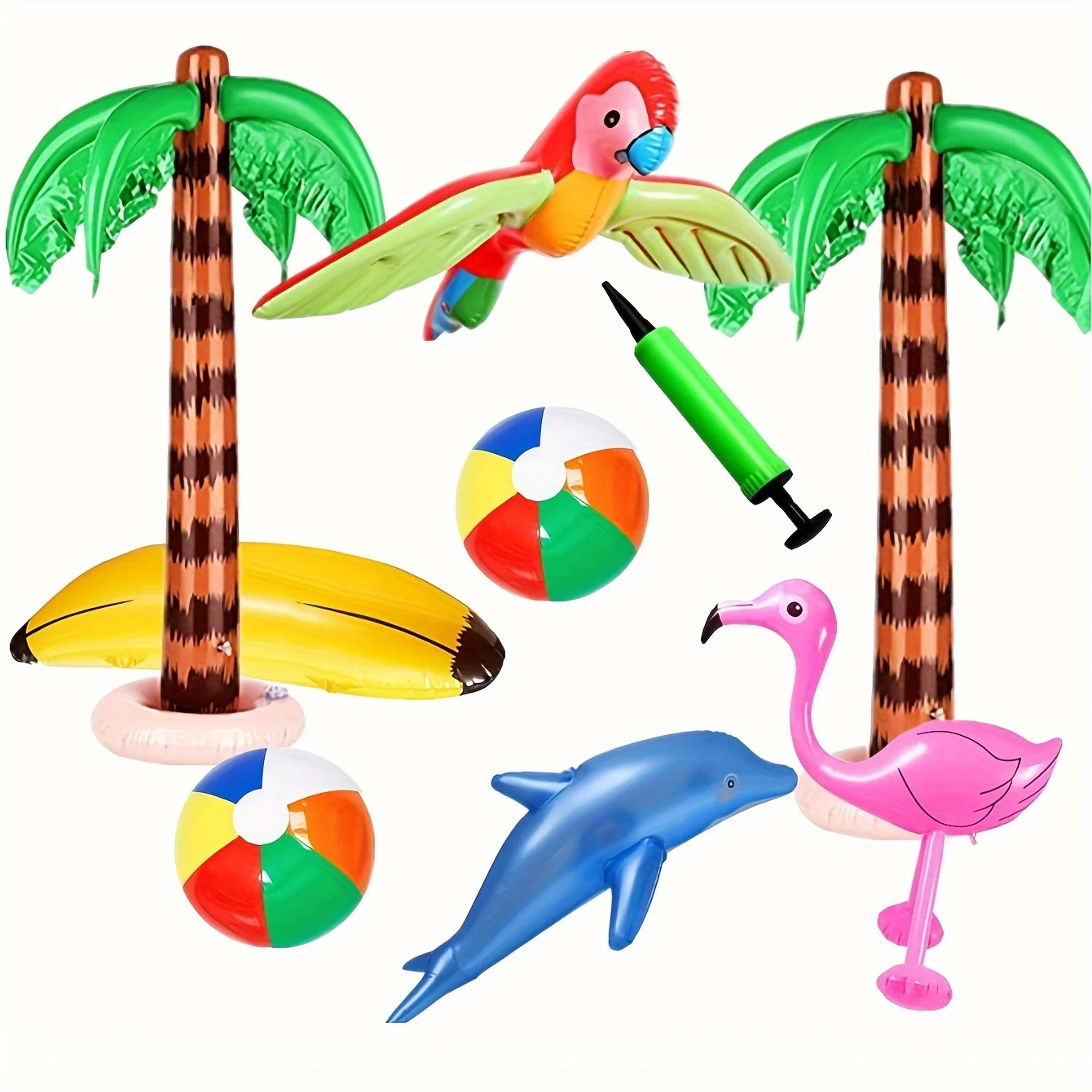 9-piece inflatable Hawaiian party set, 2 coconut trees, 2 beach balls, 1 parrot, 1 flamingo, 1 banana, 1 dolphin, 1 pump, party supplies, beach party, pool party, adult party decorations