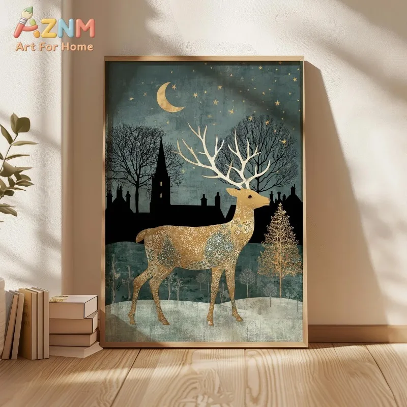 Vintage Folk Art Golden Deer Moon Star Town Christmas Canvas Poster Prints Frameless Wall Art Festive Winter Cozy Soft Decor
