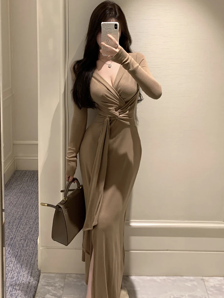 Women Pink Long Sleeve V-Neck Sexy Maxi Dress Autumn Winter Elegant Bandage Bodycon Dress 2024 Korean Fashion Party Night Dress