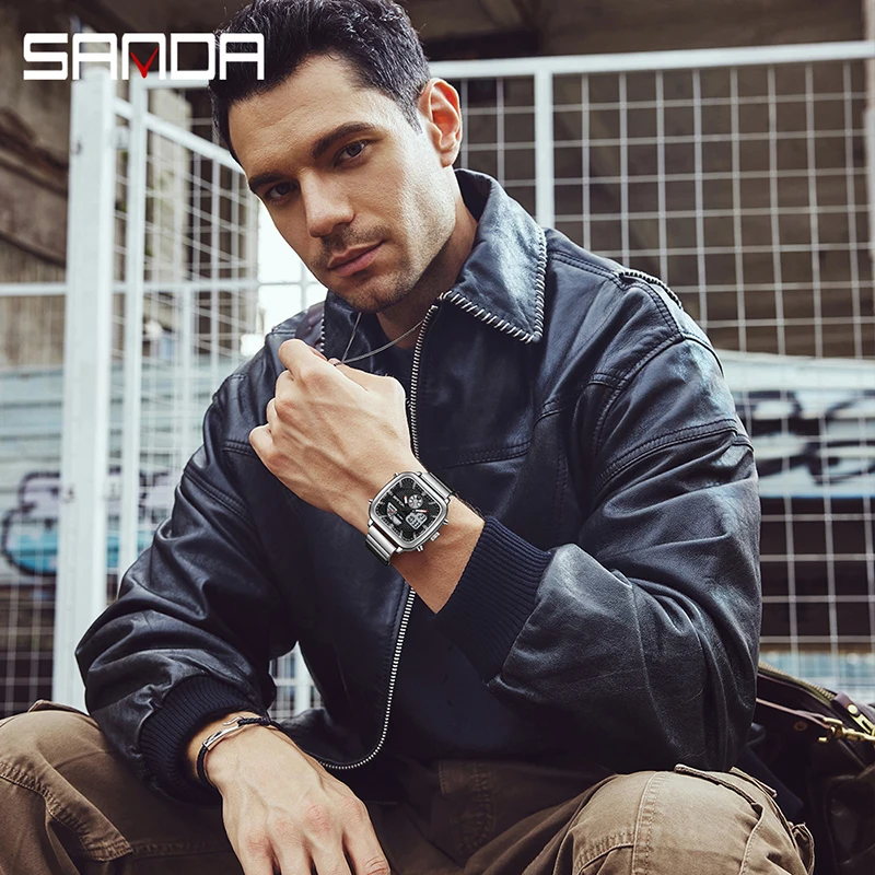 SANDA 9101 Orologi elettronici da uomo quadrante quadrato calendario luminoso cinturino in acciaio impermeabile orologio da polso digitale relojes para hombres