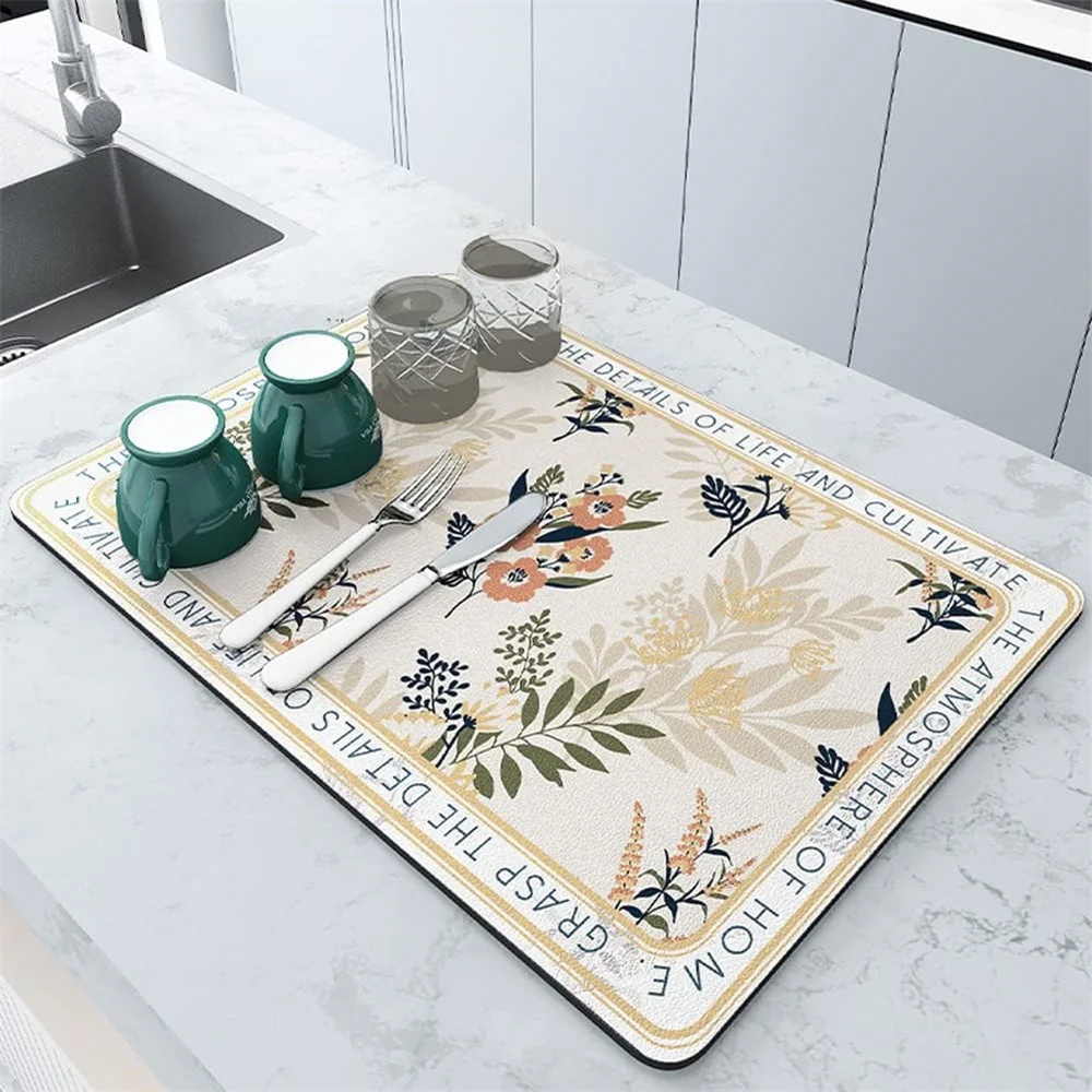 Yellow flower drying mat Simple elegant plant diatomaceous earth drying mat for countertops Drain mat for tableware Kitchen