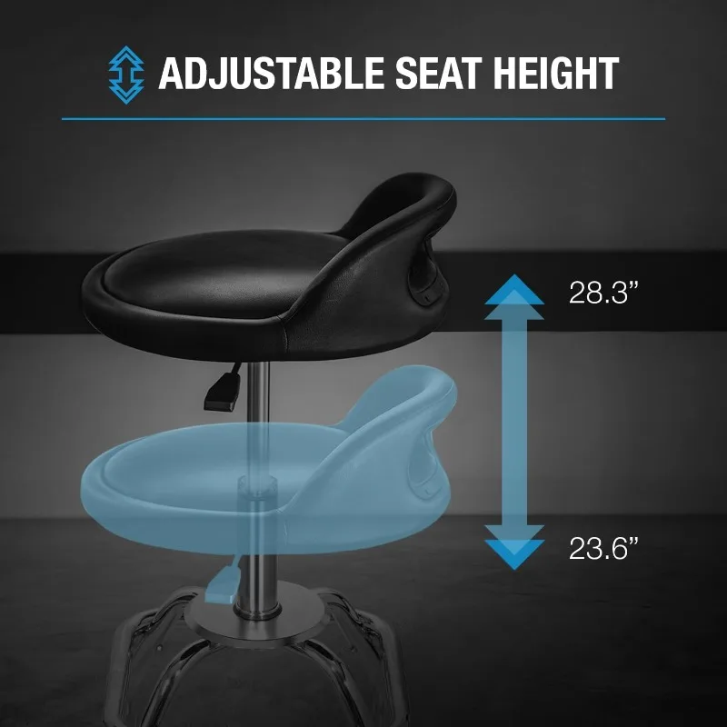 Tabouret Roulant Rond en Cuir PU avec Rembourrage et Support Lombaire, Réglable, Chromé, 28 Pouces