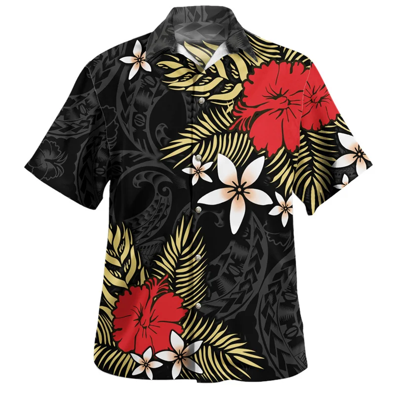 Hibiscus Plumeria Flower Pattern Hawaiian Shirts Men Polynesian 3d Printed Blouse Tops Short Sleeves Loose Lapel Button Shirt