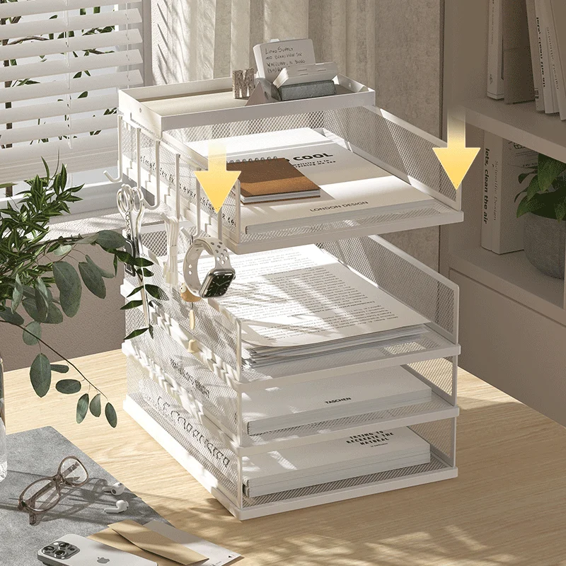 4 Tier Metal Paper Tray Desk Organizer, Stackable File Trays for Office Home, Multi-Functional Document Tray with Grid Design.