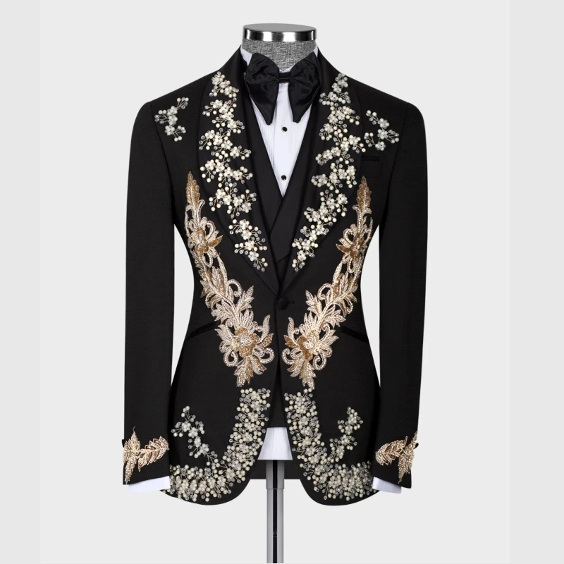 Customized Groom Tuxedo Crystal Appliques Luxury Men\'s Blazer for Wedding Party 2 Vents Men\'s Jacket In Stock