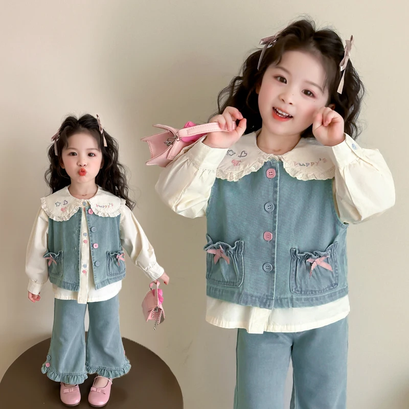 

Girls Clothes Set Size 2-9Y Kid Denim Vest Top&Shirt&Jeans Bottom Suit Child 3Pce Of Clothing Sets Toddle Girl Casual Denim Set