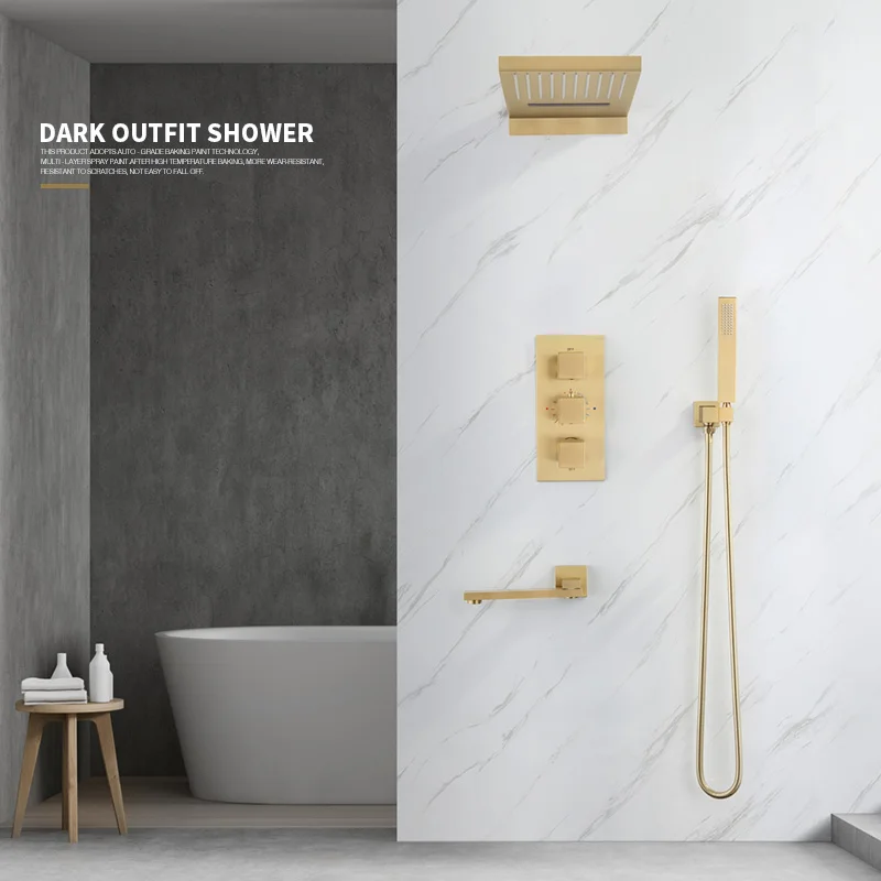 FARRETE luxury brushed gold brass hidden thermostat shower head set embedded in wall hidden waterfall shower system