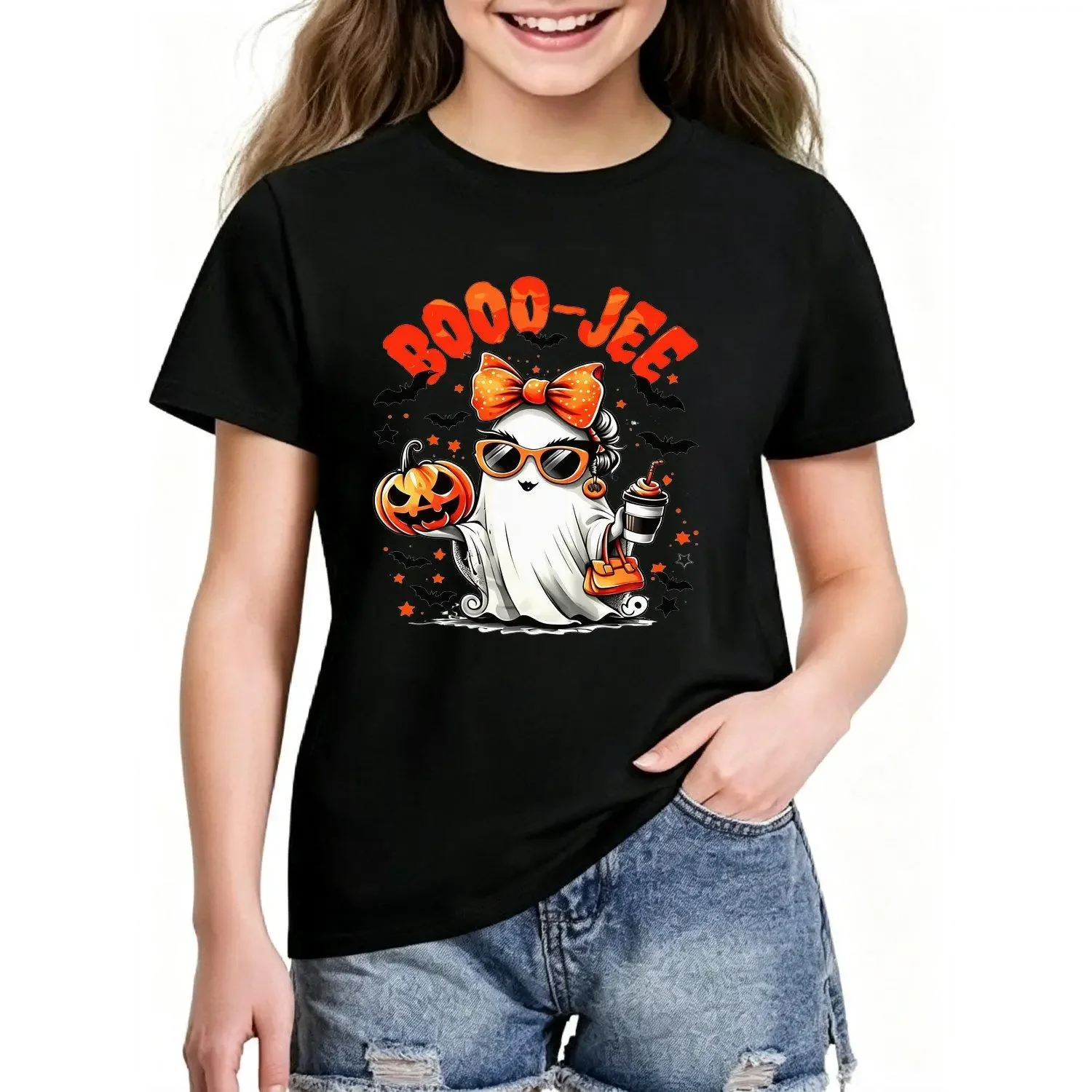 1pc Girls Short Sleeved Halloween T Shirt Featuring Ghost Pumpkin And Glasses Design Comfy Casual Cute Tee For Gift And Everyday Wear