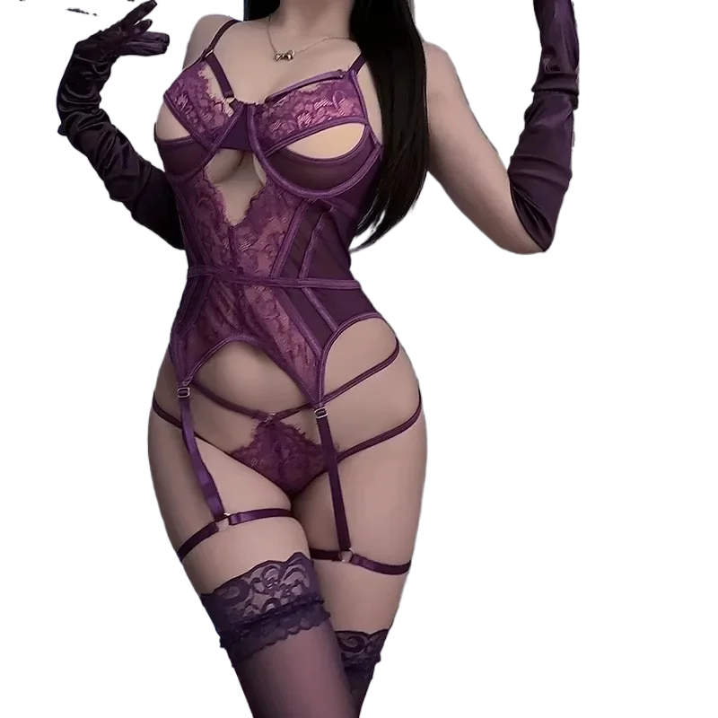 

Фиолетовый эротический комплект белья без бретелек, цельная юбка, сексуальная одежда, кружевная облегающая одежда для женщин, символизирующая чистое желание.