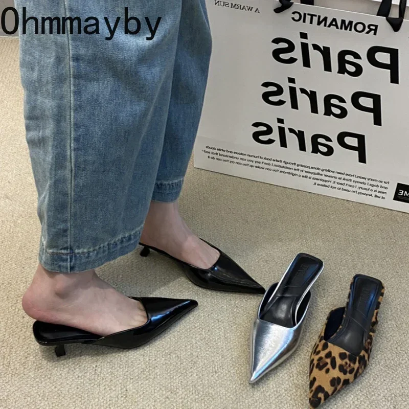 Summers Gladiator Women Mules Slippers Fashion Elegant Pointed Toe Slides Shoes Ladies Outdoor Dress High Heel Sandalias