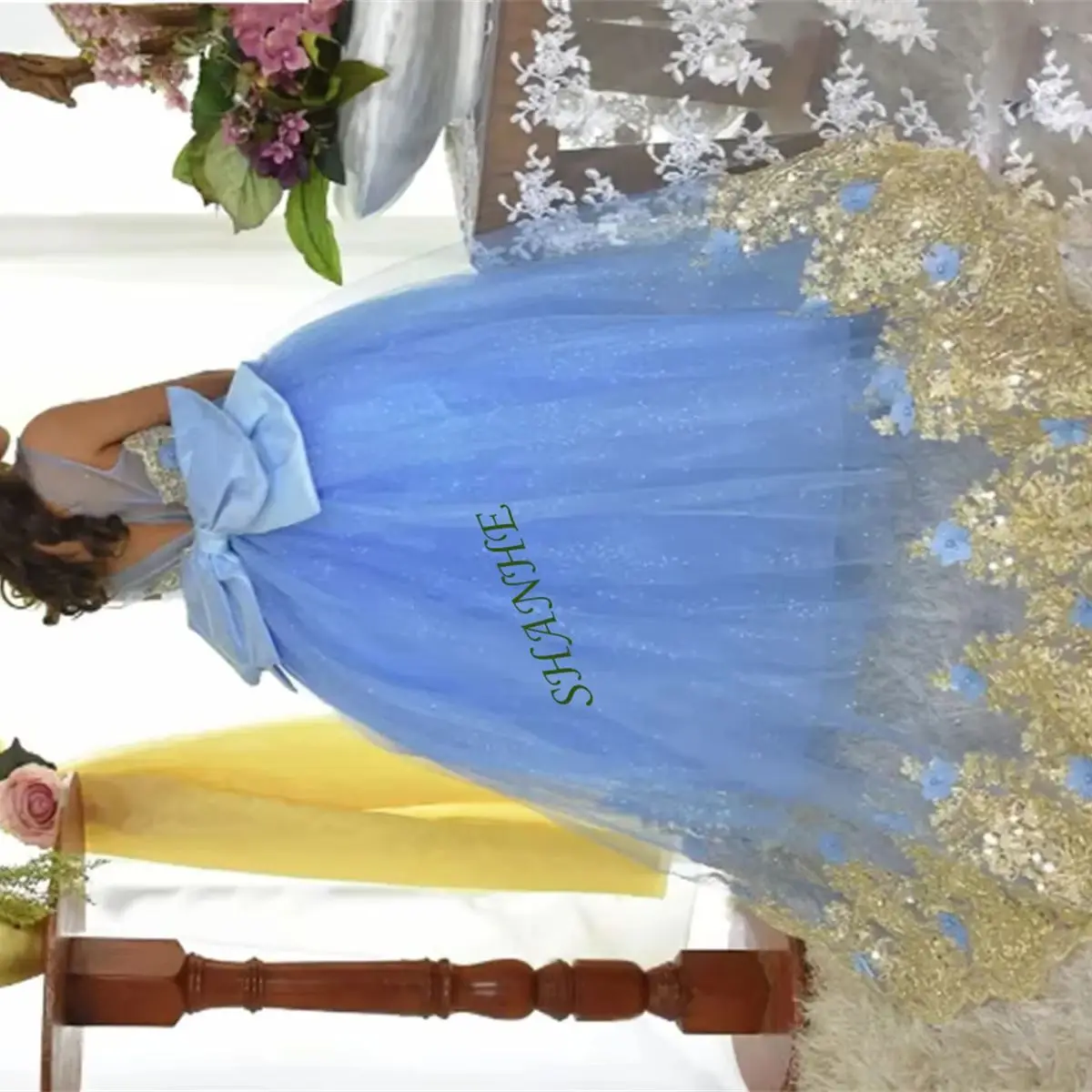 

CustomizedCustomized Sky Blue Flower Girl Dresses For Wedding Glitter Tulle Gold Appliques Classic Princess Birthday Party Pagea