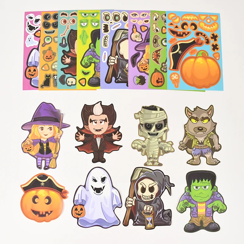 

8 Sheets Children DIY Puzzle Sticker Halloween Ghost Witch Pumpkin Cat Make A Face Assemble Stickers Halloween Party Decoration