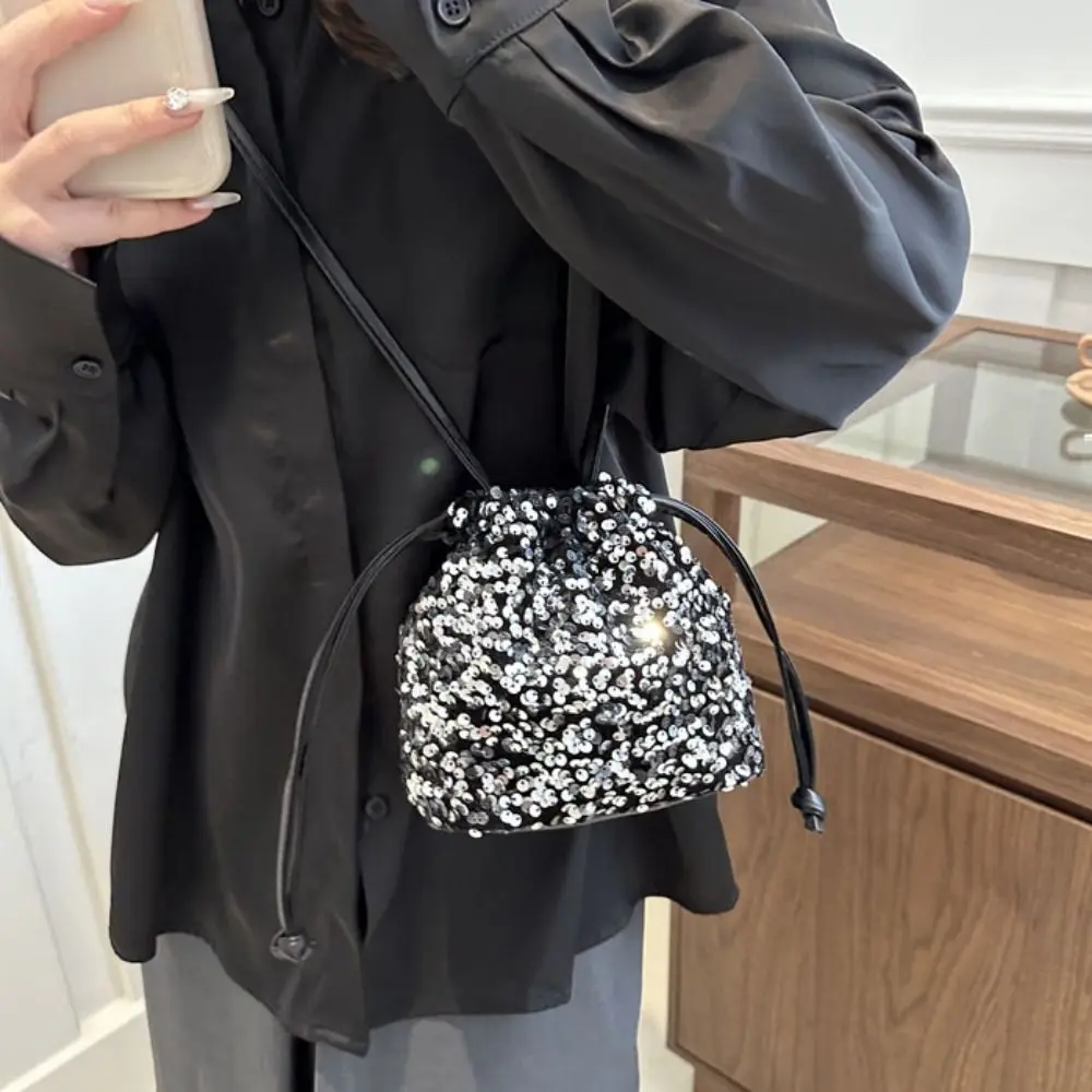 Retro Shiny Evening Banquet Bag Handbag Small Purse Drawstring Crossbody Bag Korean Style Mini Bucket Bag Wedding