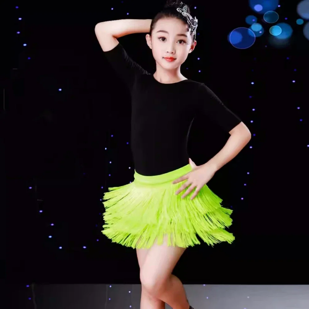 Kids Girls fringe latin dance skirts children Black Green pink tassels salsa latin ballroom dance wear for kids