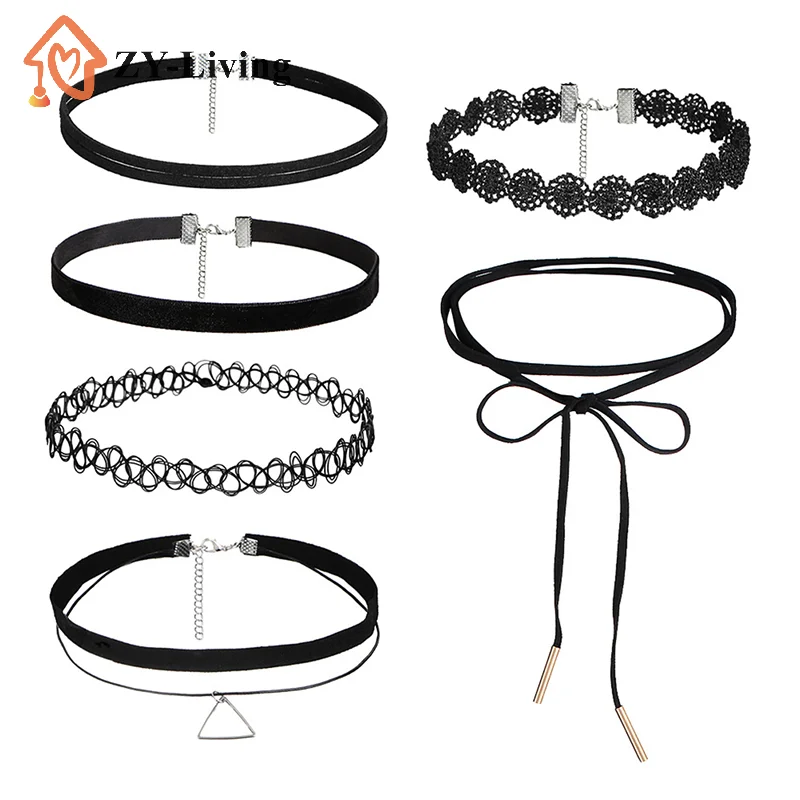 6PCS Simple Choker Necklace Stretch Black Velvet Classic Gothic Tattoo Lace Necklace
