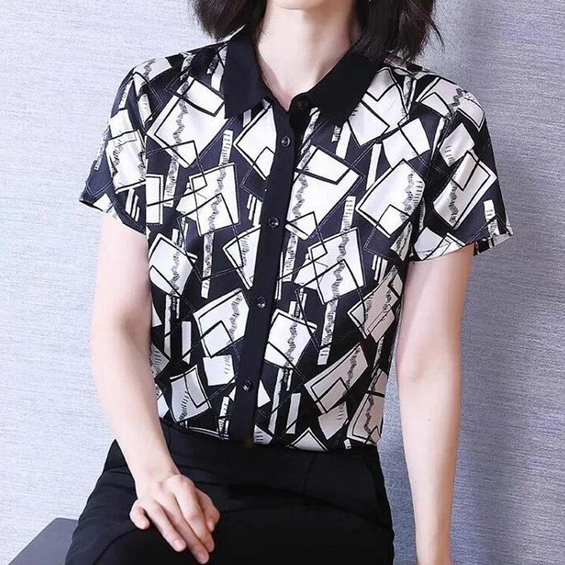 Summer All-match Printing Turn-down Collar Short Sleeve Blouse Women Clothes Fashion Buttons Shirts Ladies Elegant Patchwork