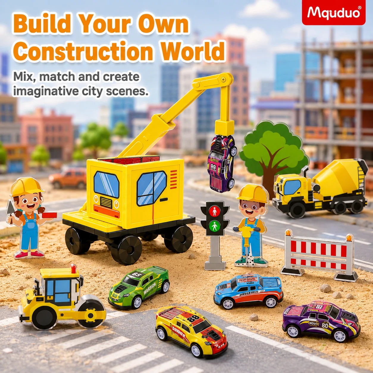 MQUDUO Magnetic Construction Crane Set, Rotating Extendable Boom with Mini Cars Vehicles Road Signs, STEM Building Gift