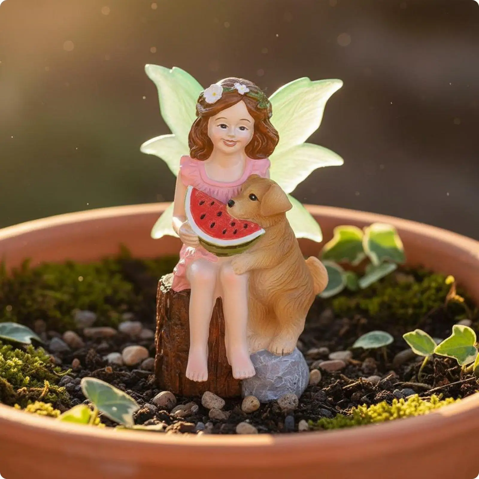 Child and Puppy Statue Cute Design Watermelon Fairy Figurine Gift Concept Garden Fairy Ornament for Flower Pot, Patio, Balcony