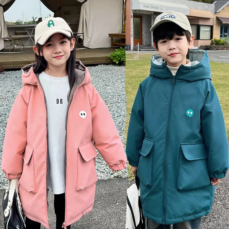 Winter New Girls Jacket Long Style Double Sided Wearing Thick Warm Hooded Windbreaker For Teen Boys Cotton Down Parke 2-12 Years