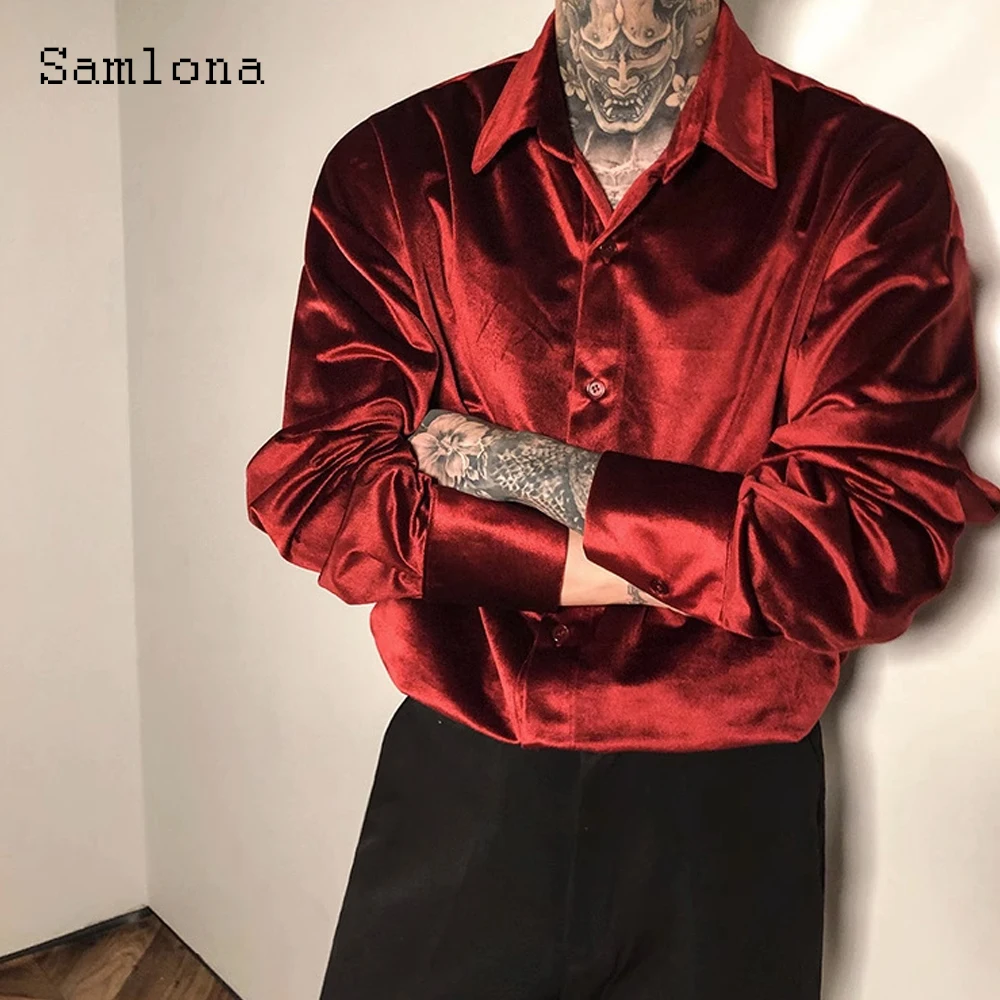 

Men Long Sleeves Velvet Shirt Clothing 2023 England Fashion Party Evening Solid Grunge Blouse Mens Casual Open Stitch Tops Wear