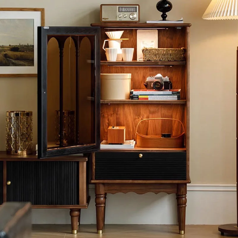 French glass display cabinet with integrated wine, collection and audio-visual storage system