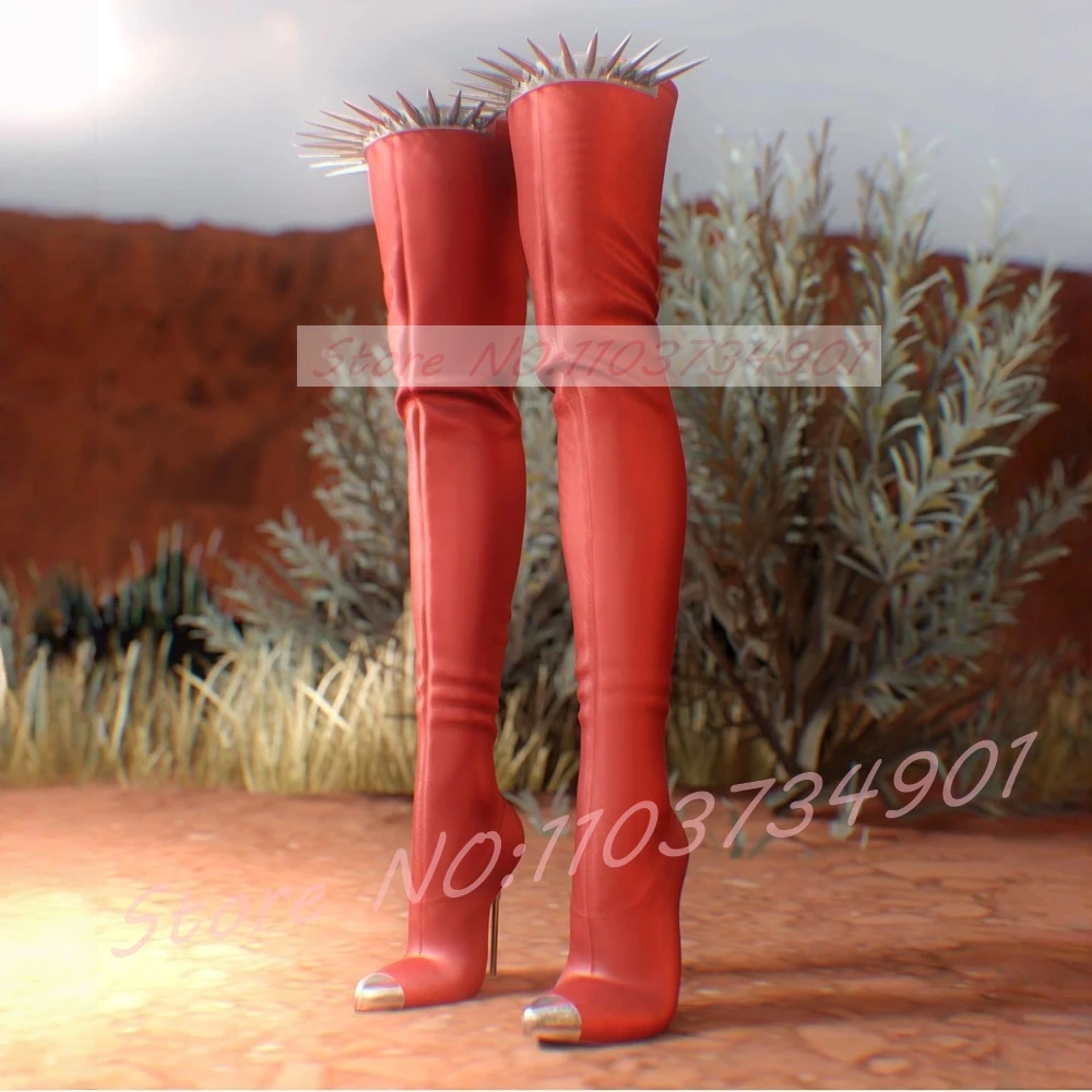 Long Spikes Metallic Toe Over The Knee Boots Women Sexy Rivet Pointed Toe Red 13CM Extra Thin Heels Boots Ladies Party Footwear