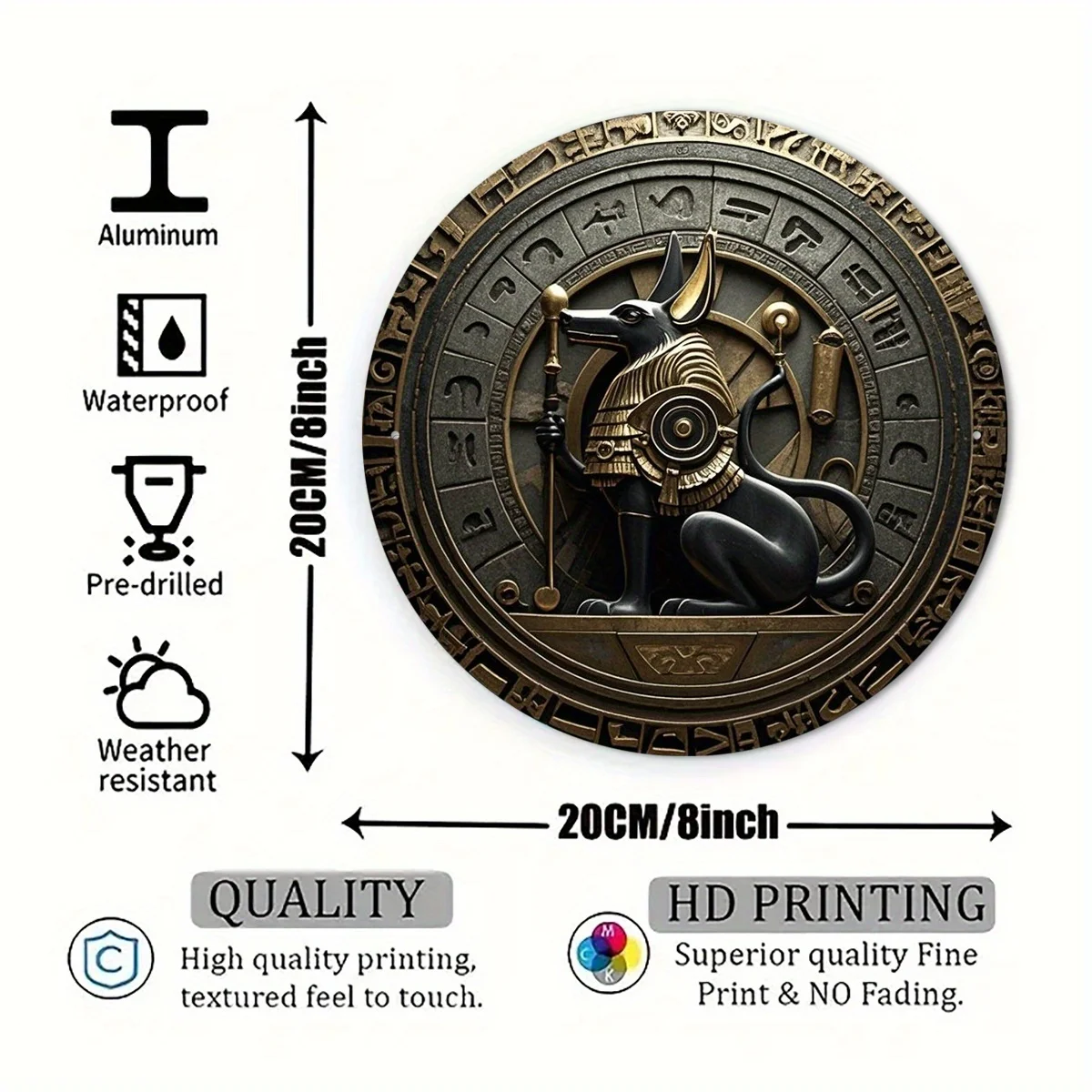 2D Metal Sign, Ancient Egyptian Anubis Wall Decor, 8x8 Inch Aluminum Metal Sign with Hieroglyph Border, Jackal Head God Design f