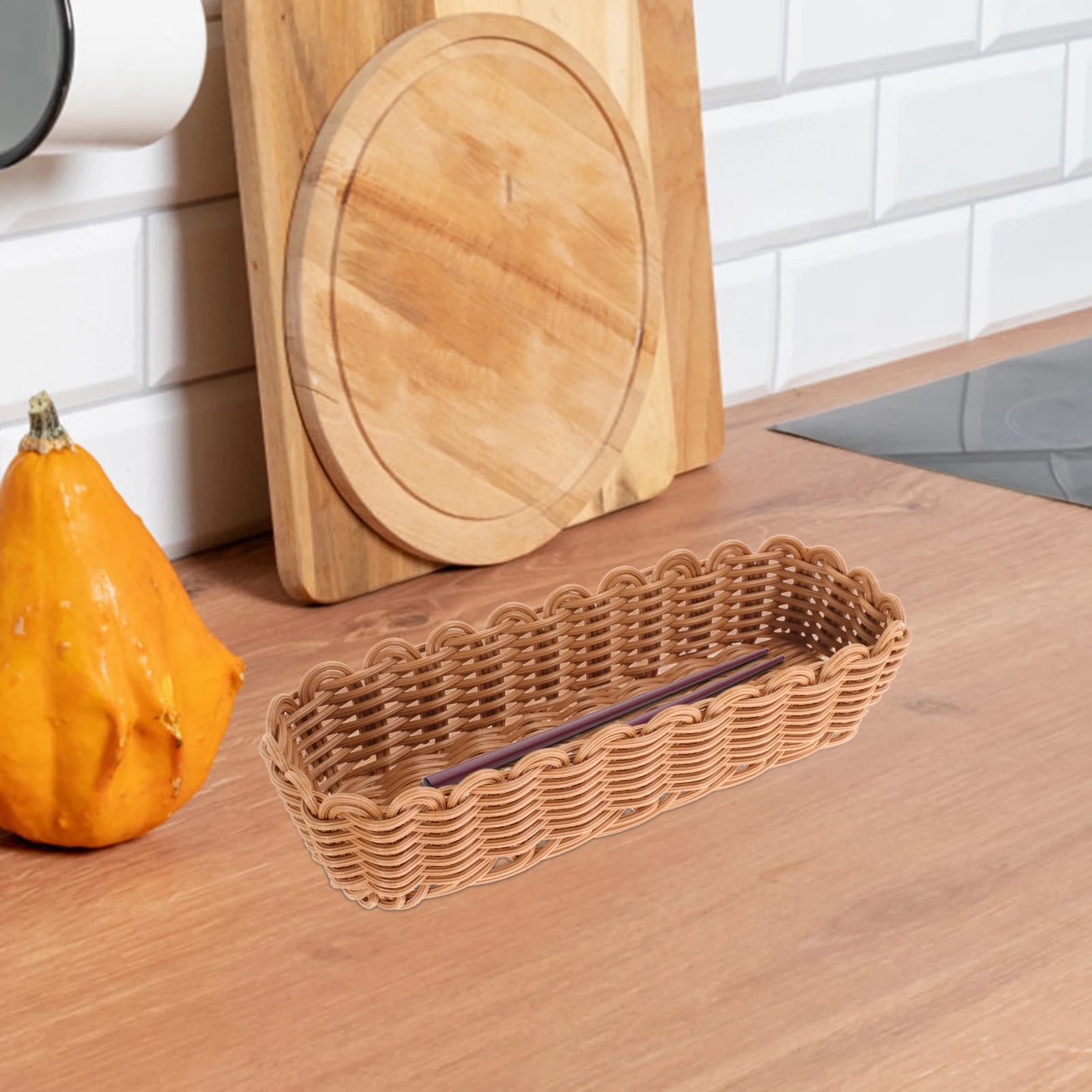 

Large Imitation Rattan Storage Basket Kitchen Woven Cutlery Organizer for Spoons Forks Chopsticks Tabletop Sundries Container