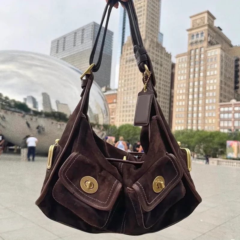 

Single Shoulder Crossbody Bag Casual Commuter Large Capacity Suede Pillow Bag Vintage Style Polyester Lining Zipper Closure