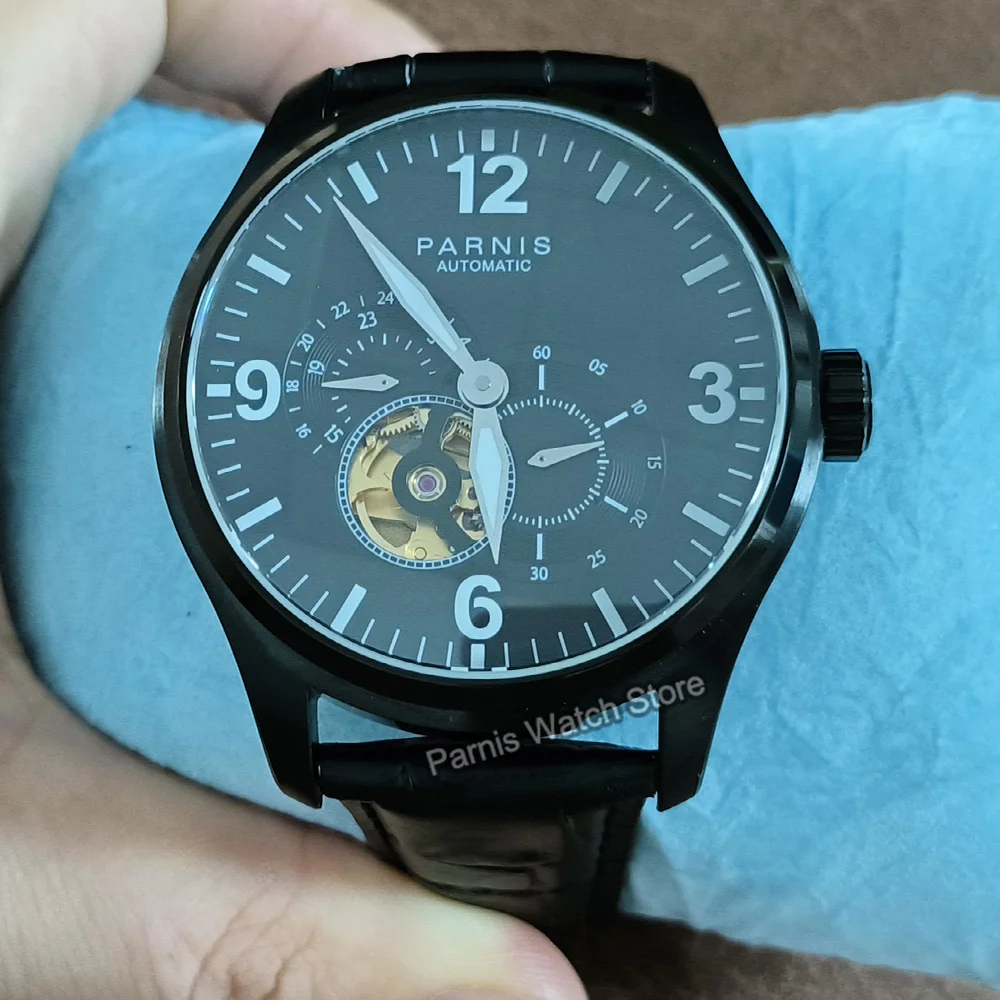 Parnis 44mm Miyota82S7 Automatic Sapphire Crystal Men's Mechanical Watch 24-hour Black Dial Stainless Steel Case
