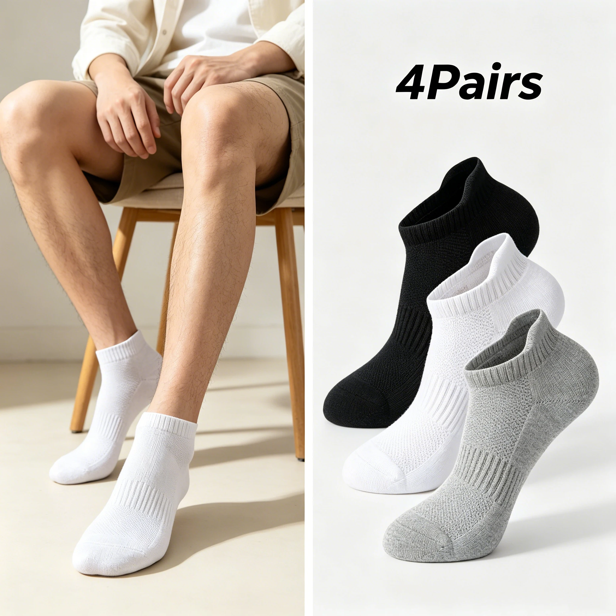 

4Pairs Unisex Solid Color Ankle Socks Set - Black White Gray Casual Low Cut Daily Wear Socks for Men & Women