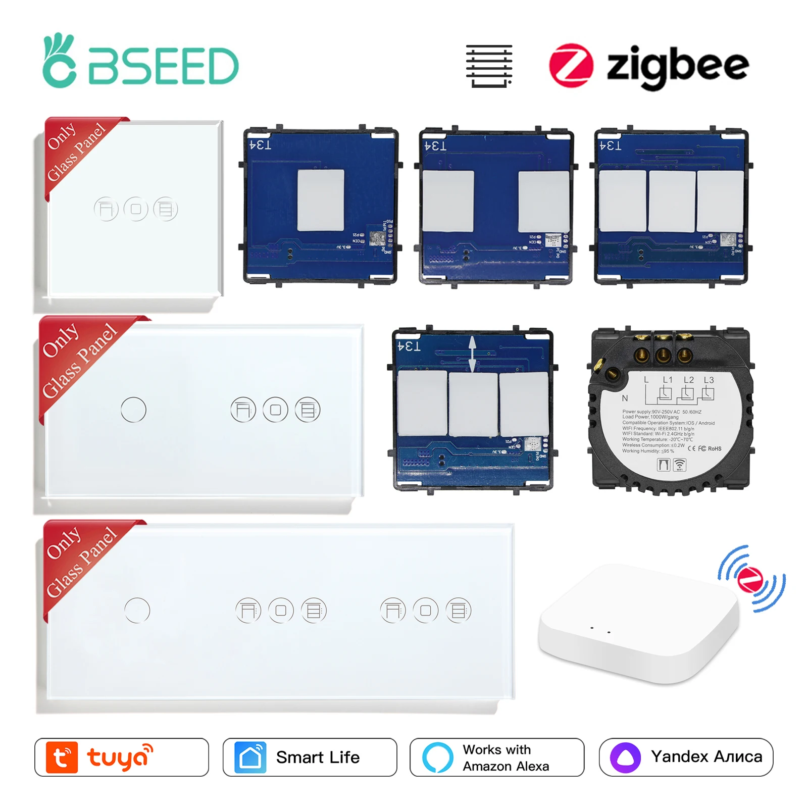 BSEED Zigbee Smart Blinds Roller Shutter Swith 1/2/3Gang Smart Light Switches Function Parts Glass Panel DIY Free Combination