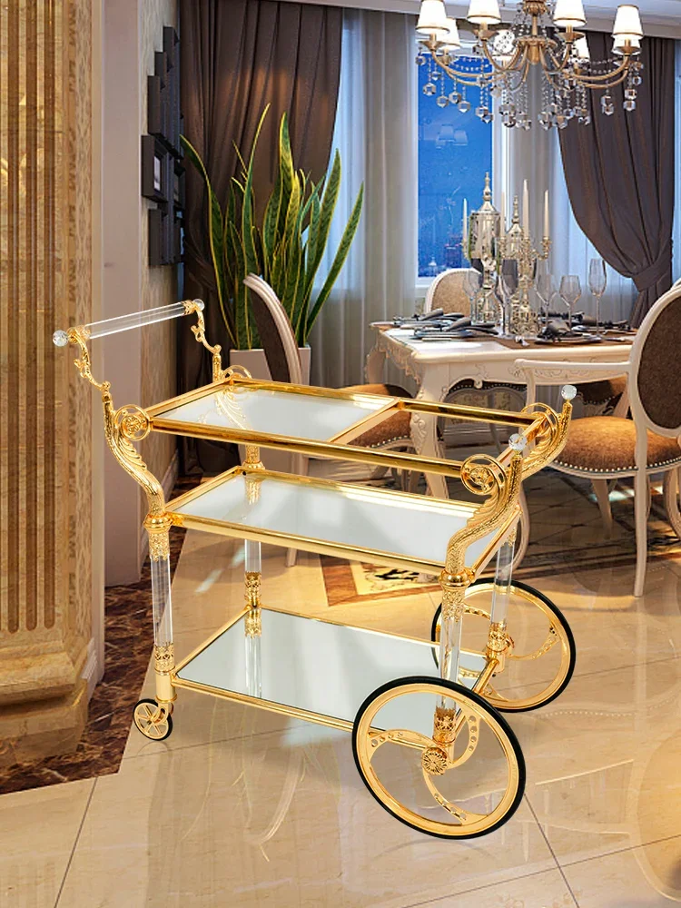 

High-grade European neoclassical crystal glass gold-plated trolley dinner cart Wedding Villa hotel copper alloy wine car