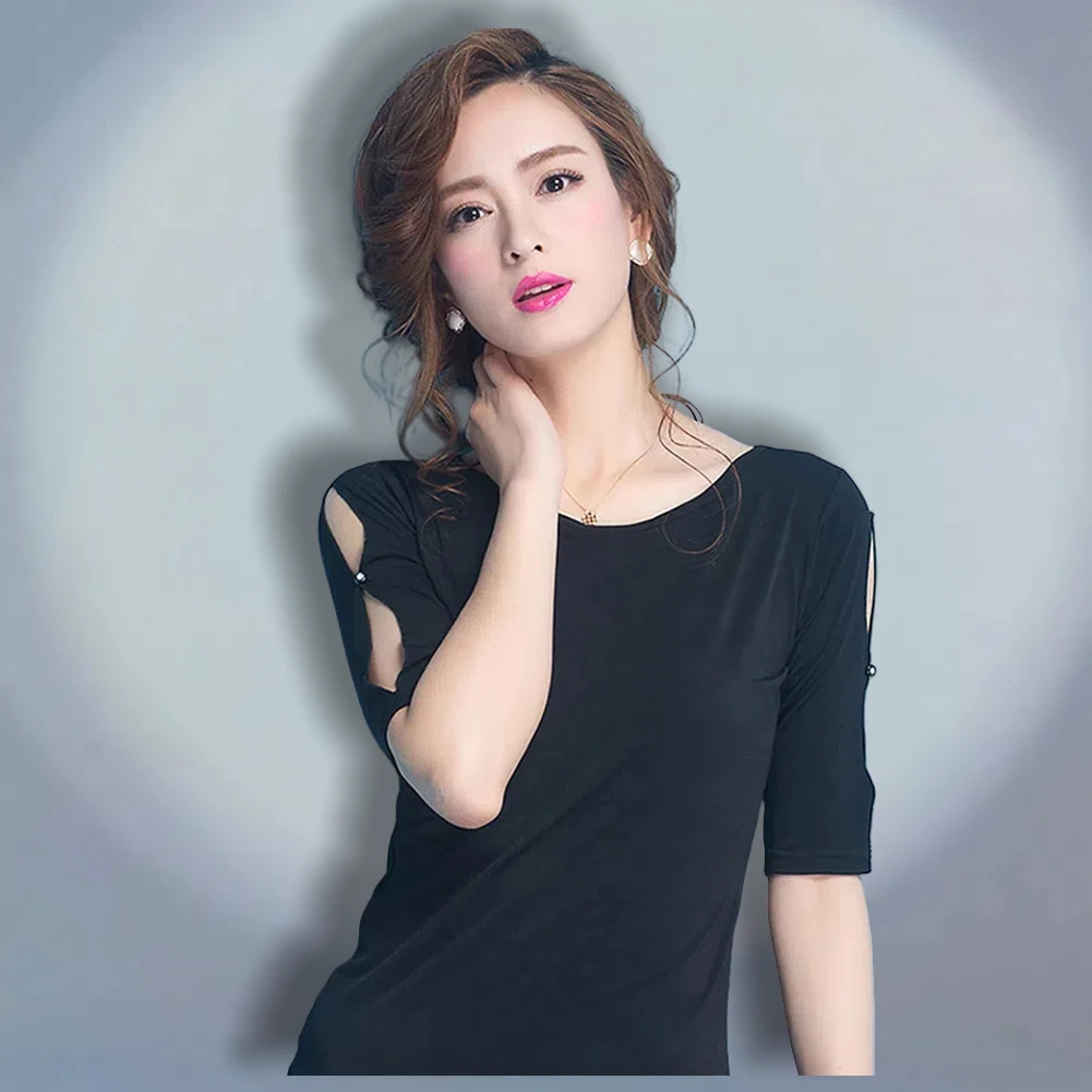 Rundhalsausschnitt-Kleidung für Damen, 2025, lateinamerikanischer Tanz, schlichtes Oberteil, Damen-Abschlussballkleid mit hohlen Ärmeln, Schwarz, kurzärmelig, Samba