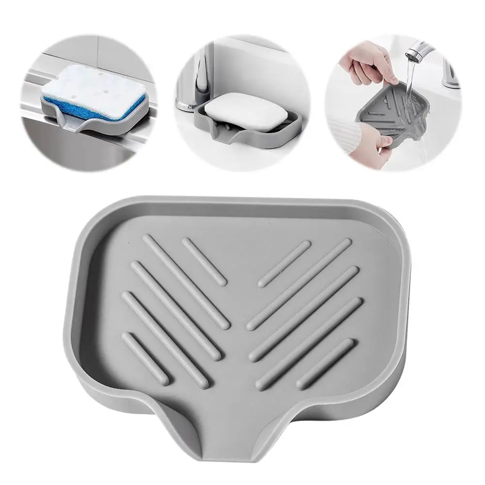 Silicone Kitchen Sink Tray Soap Dish Holder With Built-in Sink Brush Countertop Lip Drain Draining Sponge Scrubber