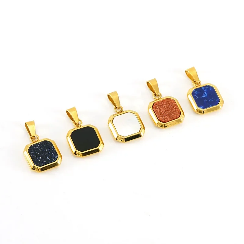 Square Colored Turquoise Pendant Black Stainless Steel 18K Gold Plated Charms For Women Necklace Accessories Jewelry Bulk Sale