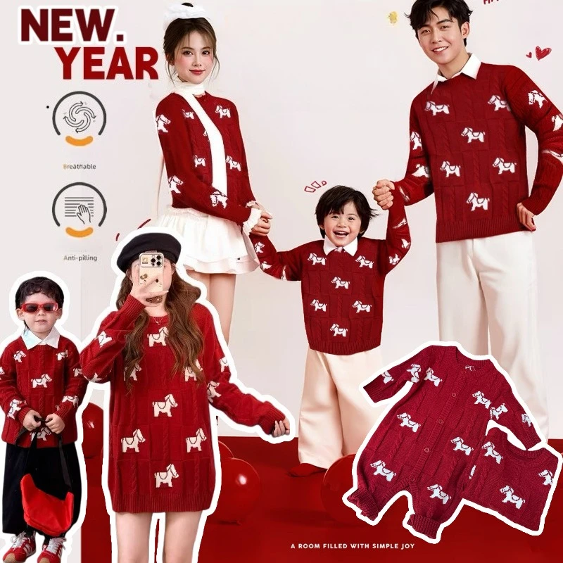 

Одинаковые комплекты для всей семьи на китайский Новый год 2026, красные вязаные свитера для родителей и мам, зимняя одежда для папы, сына и дочки