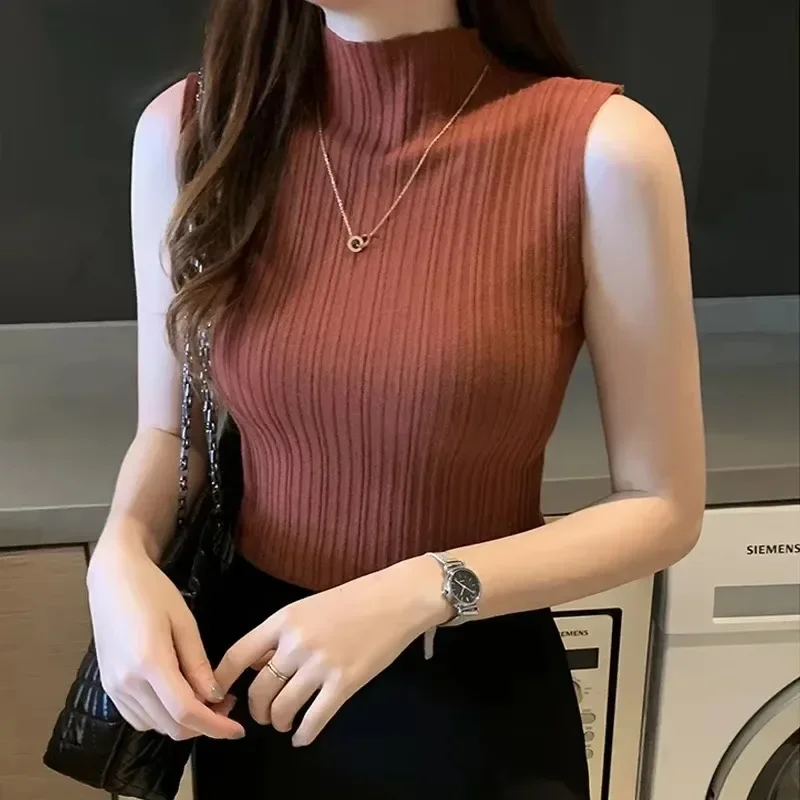 2024 Spring Autumn Solid Slim Thin Sleeveless Knit Sweater New Half High Neck Shirt for Women Elegant Casual Blouse Blusas