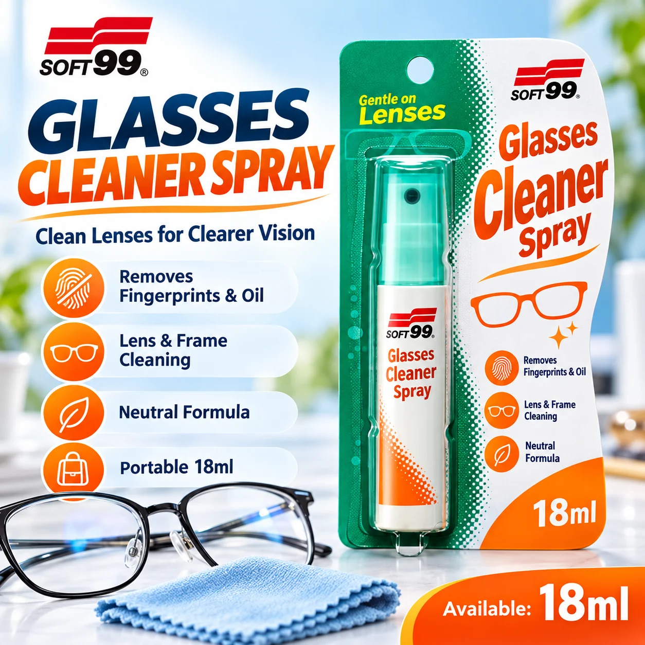 SOFT99 20135 Glasses Cleaner Spray Neutral Lens Cleaner for Fingerprints Oil Dirt Eyeglasses Frames 18ml