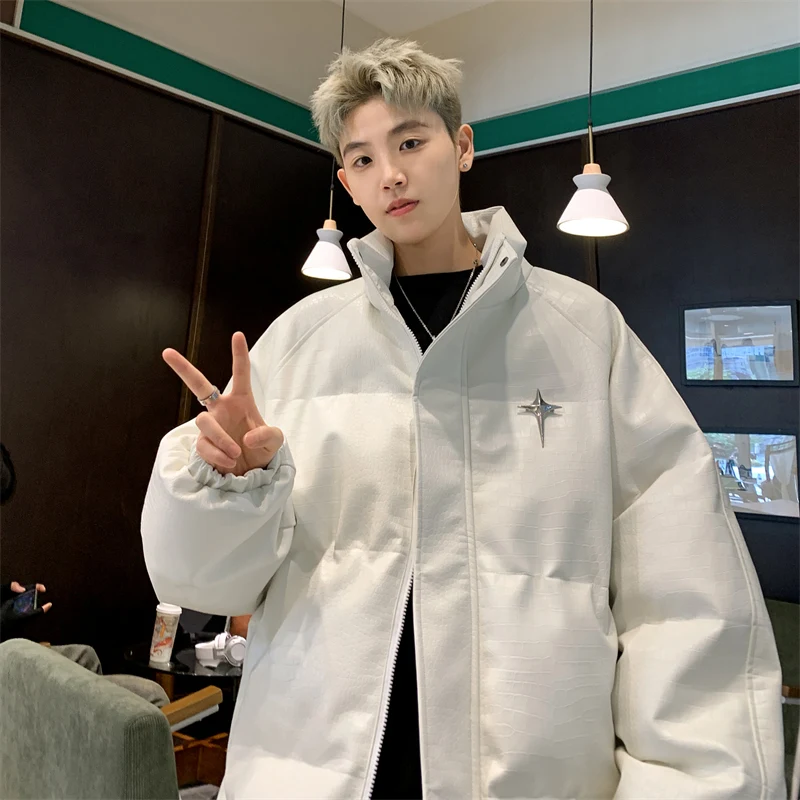 

American Sle Men's PU Leather Cotton Jaet Winter New Sle Stand Collar Bread Sle Trendy Brand Youth Cotton Outerwear