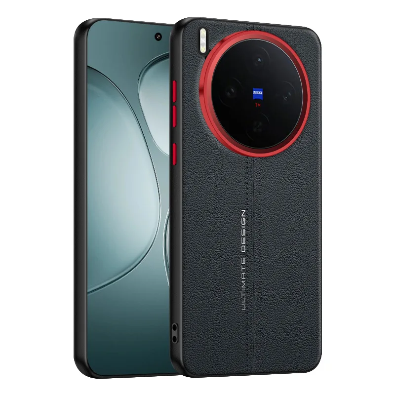 

For Vivo X300 and X300 Pro Case Plain Leather Middle Stitching Style Red Heightened Lens Ring Slim Protect Cover