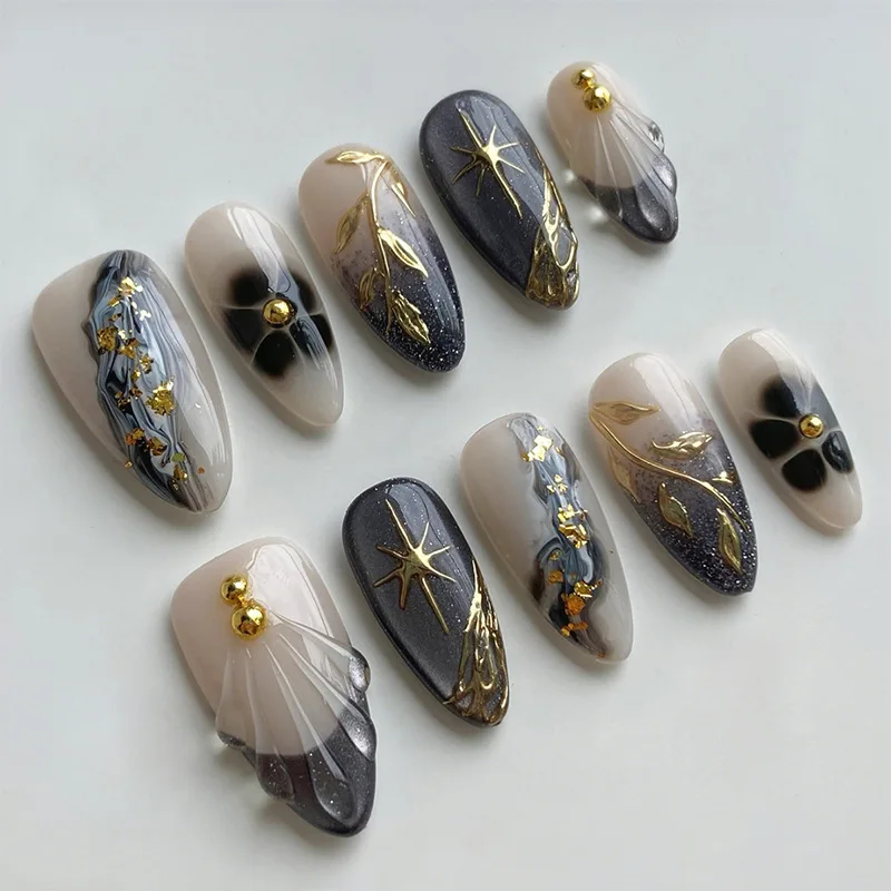 

24pcs Almond-shaped False Nails with Three-dimensional Cat-eye Glitter Press-on Full-coverage Nail Stickers Suitable for Girls
