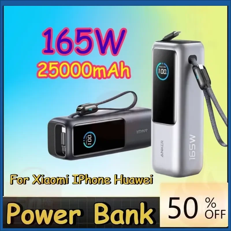 165W 25000mAh Power Bank Max Fast Charge High Capacity Retractable Cables for Xiaomi IPhone Huawei