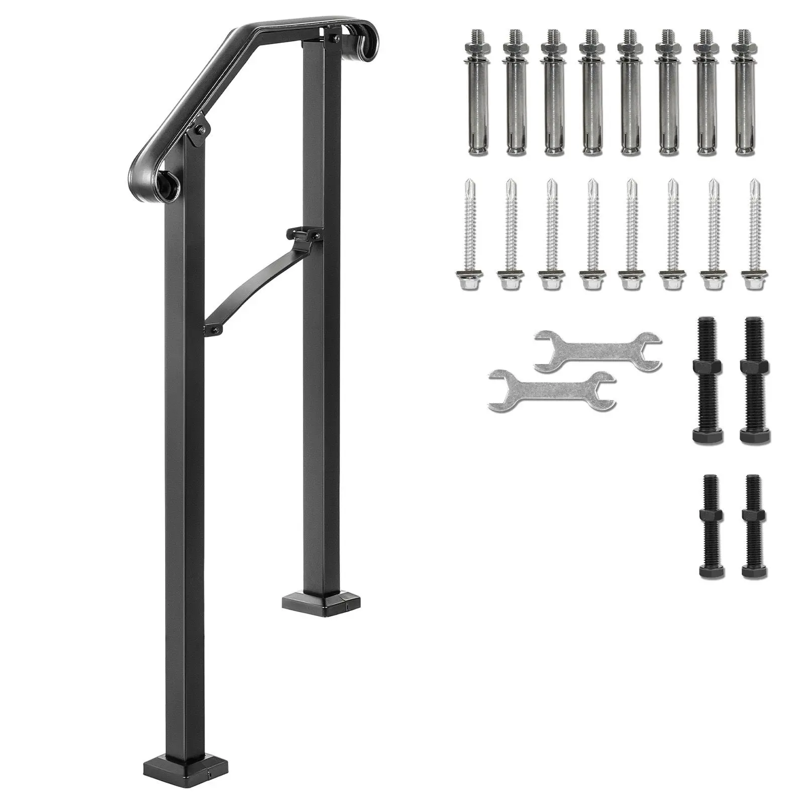Handrails for Outdoor Steps, Fit 1 or 2 Steps Outdoor Stair Railing, Arch#1 Wrought Iron Handrail, Flexible Porch Railing, Black Transitional Handrails for Concrete Steps or Wooden Stairs