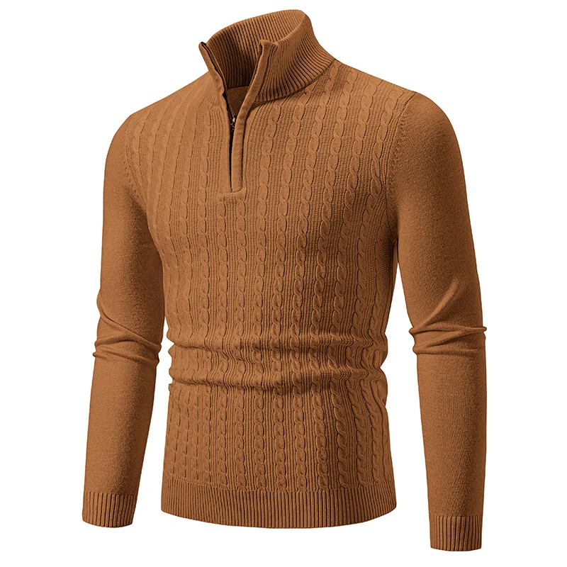 New Men's Half Zipper Pullovers Solid Color Mock Neck Knitted Sweater Men Fashion Slim Fit Warm Casual Sweaters Knit Pullover