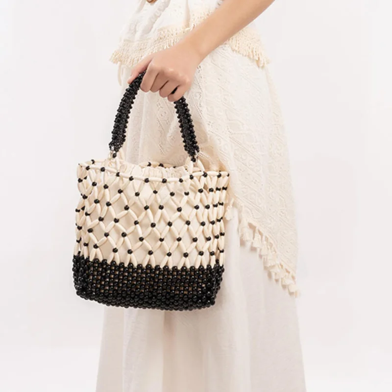 

Exquisite 2-in-1 Beaded Handbag For Women Hollow-out Wooden Bead Tote Bucket Shoulder Bag Female Handmade Beaded Travel Handbag